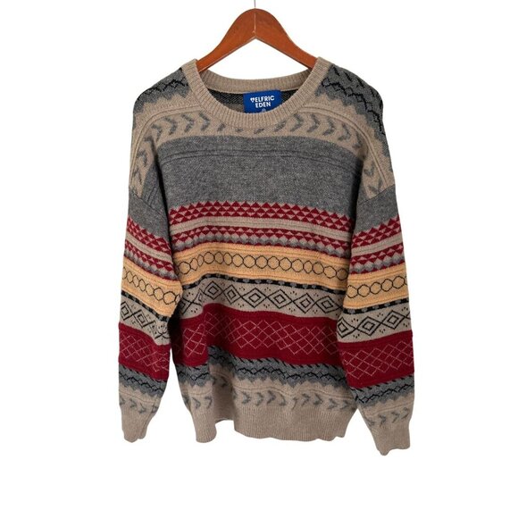 Elfric Eden Knit Sweater M Nordic Pattern Beige Gray Red Pullover Unisex Wool Bl - Picture 2 of 11